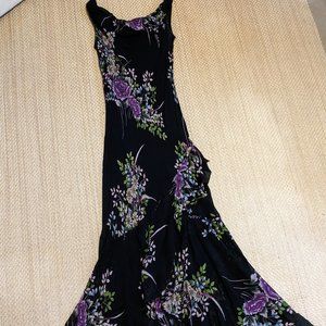 Eva Blue black maxidress asymmetrical ruffle w p/urple floral print and sequins